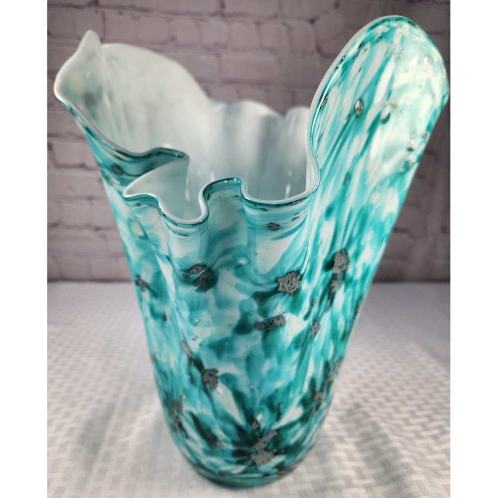 Vintage Murano Fazzoletto Ruffle Art Glass Vase Large 12" Teal White Silver Mica
